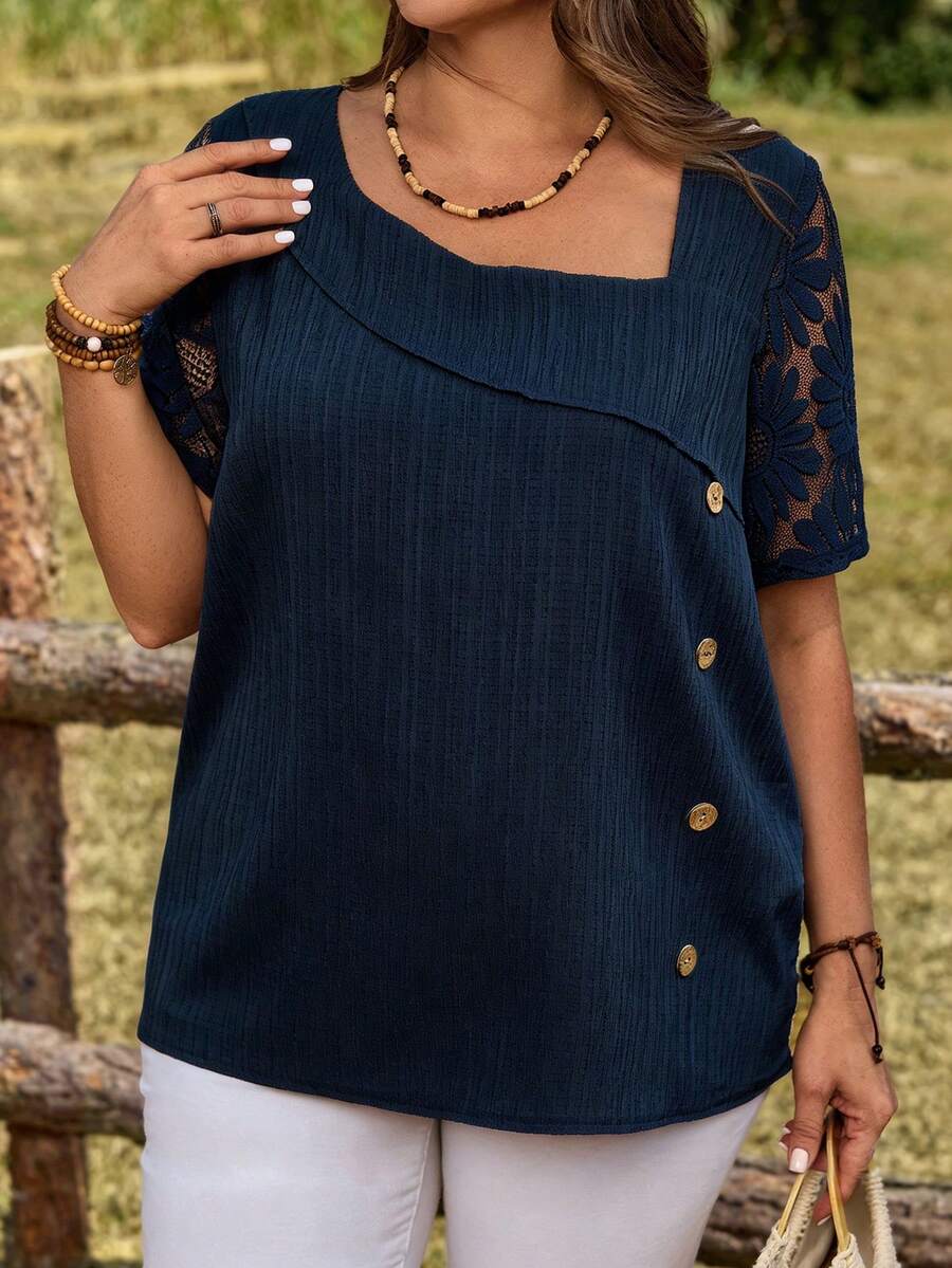 EMERY ROSE Plus Size Solid Color Mesh Patchwork Loose Elegant Short Sleeve Navy Blue Blouse,Summer Vacation - Navy Blue - View 1