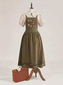 ROMWE Đầm cỡ lớn Fairycore Vintage thêu hình cáo phong cách đồng quê mộc mạc - xanh quân đội - Xem 6