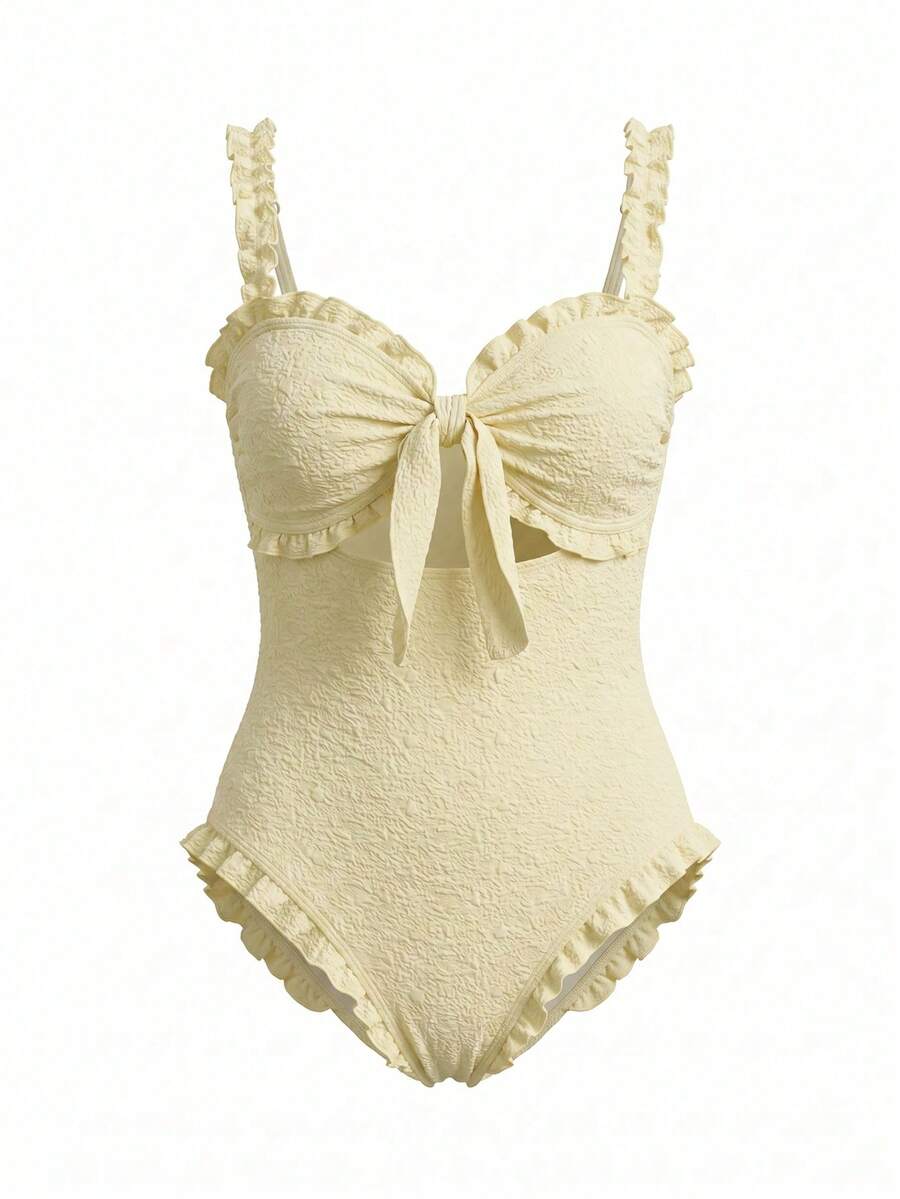 Sweetra New One-Piece Swimsuit, Sexy & Cute Textured Fabric Bandeau Swimwear, Suitable For Beach & Holiday, Spring/Summer Vacation - Mustard Yellow - View 1