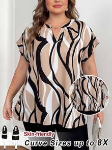 SHEIN CURVE+ Áo sơ mi tay ngắn in họa tiết tối giản cỡ lớn, phong cách thường ngày. - màu nâu - Xem 1