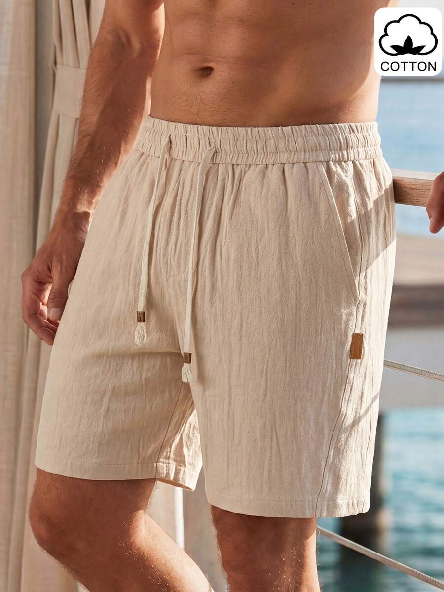VENTUSAIL Men's Solid Color Elastic Waist Drawstring Casual Shorts, Summer, Holiday - Beige - View 1