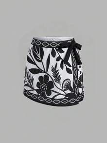 Swim Oasis 26SS 女款春夏海灘度假優雅浪漫波西米亞熱帶葉花卉印花，不對稱肩單件泳衣 & 裹身式長裙，適合度假、海灘、下午茶、野餐、派對、日常穿著、休閒、戶外活動，時尚穿搭 - 米色 - 查看 9