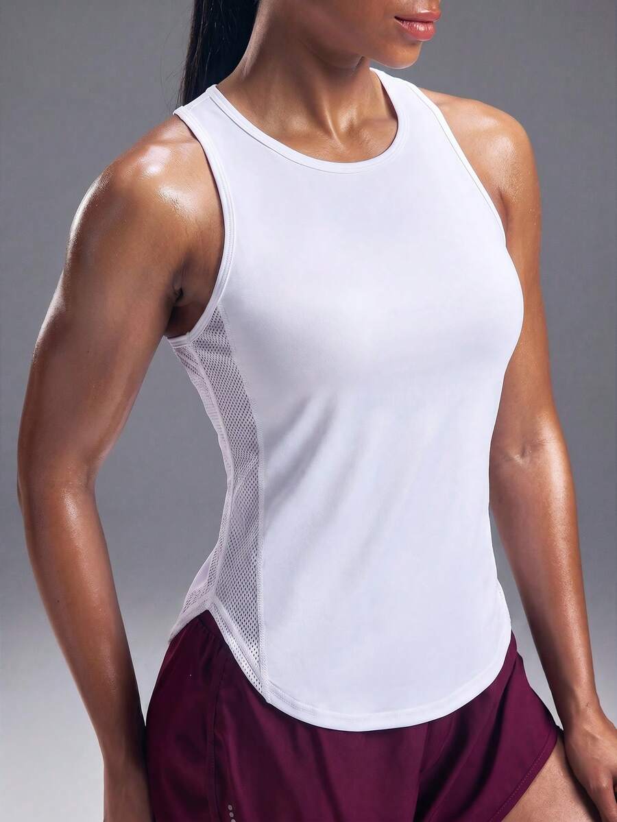 Seamluxe SHEIN Sport Áo ba lỗ thể thao yoga ngoài trời không tay dành cho nữ, phối lưới hai bên và thiết kế chữ Y ở lưng, vạt áo cong. - trắng - Xem 1