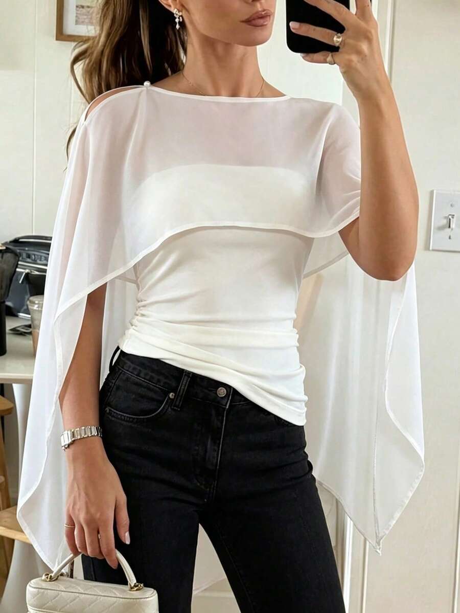 SHEIN PariChic Chal de gasa de unicolor, blusa elegante de color albaricoque para mujer, adecuada para el uso diario, negocios, escuela, vacaciones en la playa, estilo romántico de doncella, camisa ajustada de tejido ceñida a la cintura para primavera/verano - Albaricoque - Ver 1