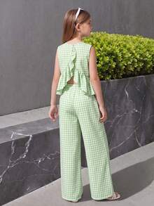 2pcs/Set Teenage Girls' Green And White Striped Sleeveless Ruffle Back & Oxford Waist Pants Summer Matching Family Vacation Outfit,Suitable For Outing - Green - View 1