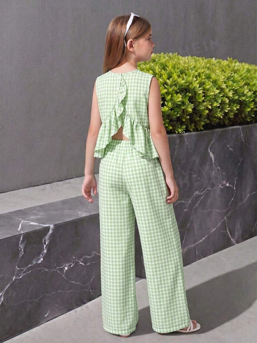 2pcs/Set Teenage Girls' Green And White Striped Sleeveless Ruffle Back & Oxford Waist Pants Summer Matching Family Vacation Outfit,Suitable For Outing - Green - View 1