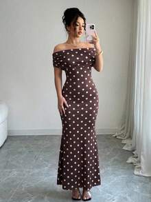 SHEIN Raffinéa New Arrival Off-Shoulder Backless Fitted Mermaid Hem Elegant Dress - Brown - View 5