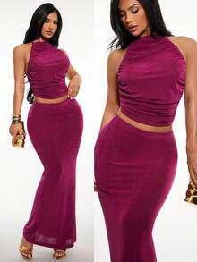 Radiana Women's Elegant Magenta Summer 2 Piece Outfit,Backless Ruffle Crop Top And High-Waisted Fitted Maxi Skirt Set,Party Night Stretchy Knit Dress Set - Purple - View 1
