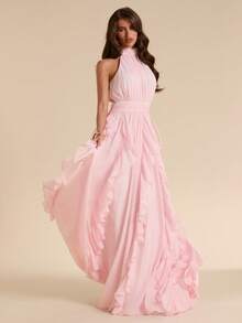 SHEIN BAE Solid Soft Pink Ruched Hem Maxi Chiffon Dress, Elegant Romantic Long For Women, Spring/Summer Mother Of The Bride Dinner - Pink - View 5