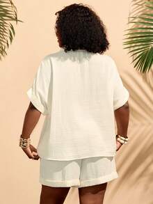 BrightlyHer Plus Size Women Textured Vacation Pocket Shirt And Casual Shorts 2 Pieces Set - White - View 2