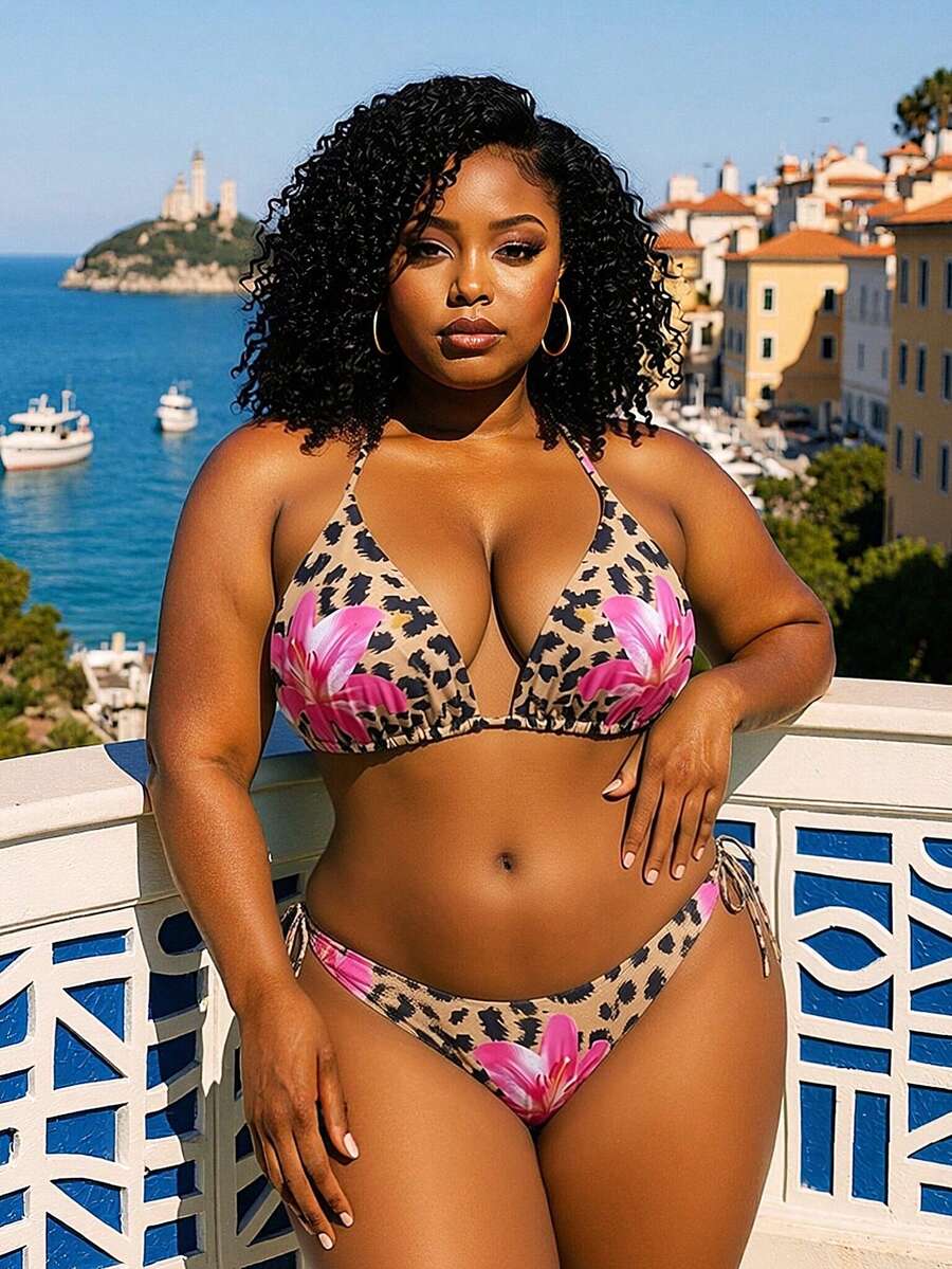 SHEIN Swim Curve 大码性感度假沙滩豹纹花卉印花吊带三角上衣 - 彩色 - 查看 1