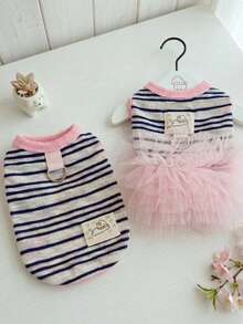PETSIN 1PC Breathable Sun Protection Pet Puff Dress, Korean INS Striped Couple Outfit For Small Dogs Cats Spring Summer - Navy Blue - View 5
