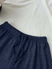 SHEIN Tween Girls' Casual Solid Color Drawstring Waist Shorts, Suitable For Daily Wear & Commuting, Summer - Navy Blue - View 2