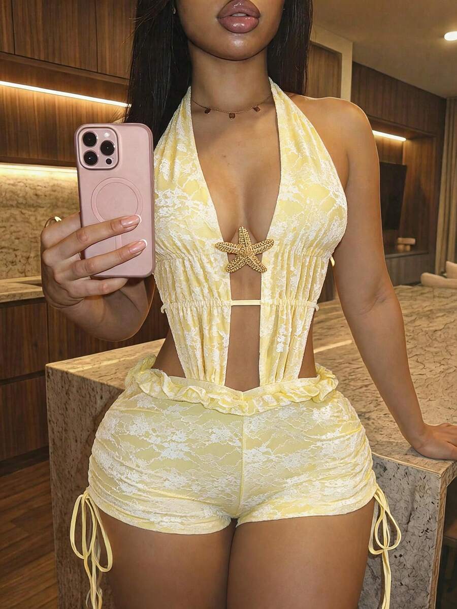 Soleia Fashionable Knitted Lace Solid Color Beach Vacation Vacation Elegant Tropical Backless Jumpsuit For Women Pale Yellow Summer - Yellow - View 1