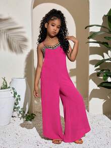 SHEIN Tween Girls' V-Neck Strap Patchwork Wide Leg Flare Jumpsuit, Vacation Wear For Spring/Summer - Hot Pink - View 6