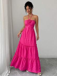 Elenzga Women's Elegant Solid Color 3D Floral Backless Halter Dress - Hot Pink - View 5