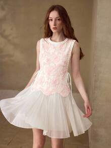 MOTF PREMIUM SPRING/SUMMER NEW ARRIVAL COLORBLOCK EMBROIDERED MESH SPLICE DIAMOND CHIFFON TRIM FITTED SLEEVELESS ROUND NECK WOMEN SHORT DRESS - Pink - View 6