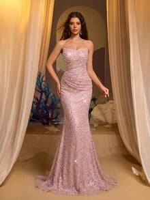Glamrae Elegant Luxurious Beaded Sequin Ruched Mermaid Hem Dress, Suitable For Weddings, Parties, Vacations, Galas, Formal Occasions (Heavily Embellished) - Dusty Pink - View 8