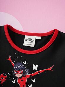 Miraculous Ladybug X SHEIN 少女極簡印花圓領短袖洋裝 - 黑色 - 查看 4