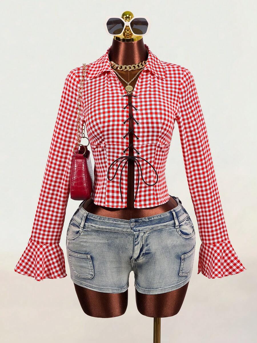 Mistrie Women's Sexy Cottage Core Retro V-Neck Eyelet Lace-Up Long Sleeved Plaid Shirt With Front And Middle Straps Ruffle Sleeves Design Picnic Oktoberfest - Red and White - View 1