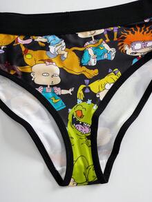 Nick 90s | SHEIN Women Comfortable Cute Cartoon Pattern Trim Camisole And Panty Set - Black and White - View 5