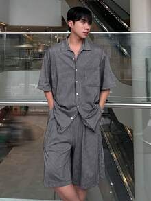 DAZY Bộ áo sơ mi và quần short nam bằng vải dệt kim kẻ sọc - Nhiều màu - Xem 4