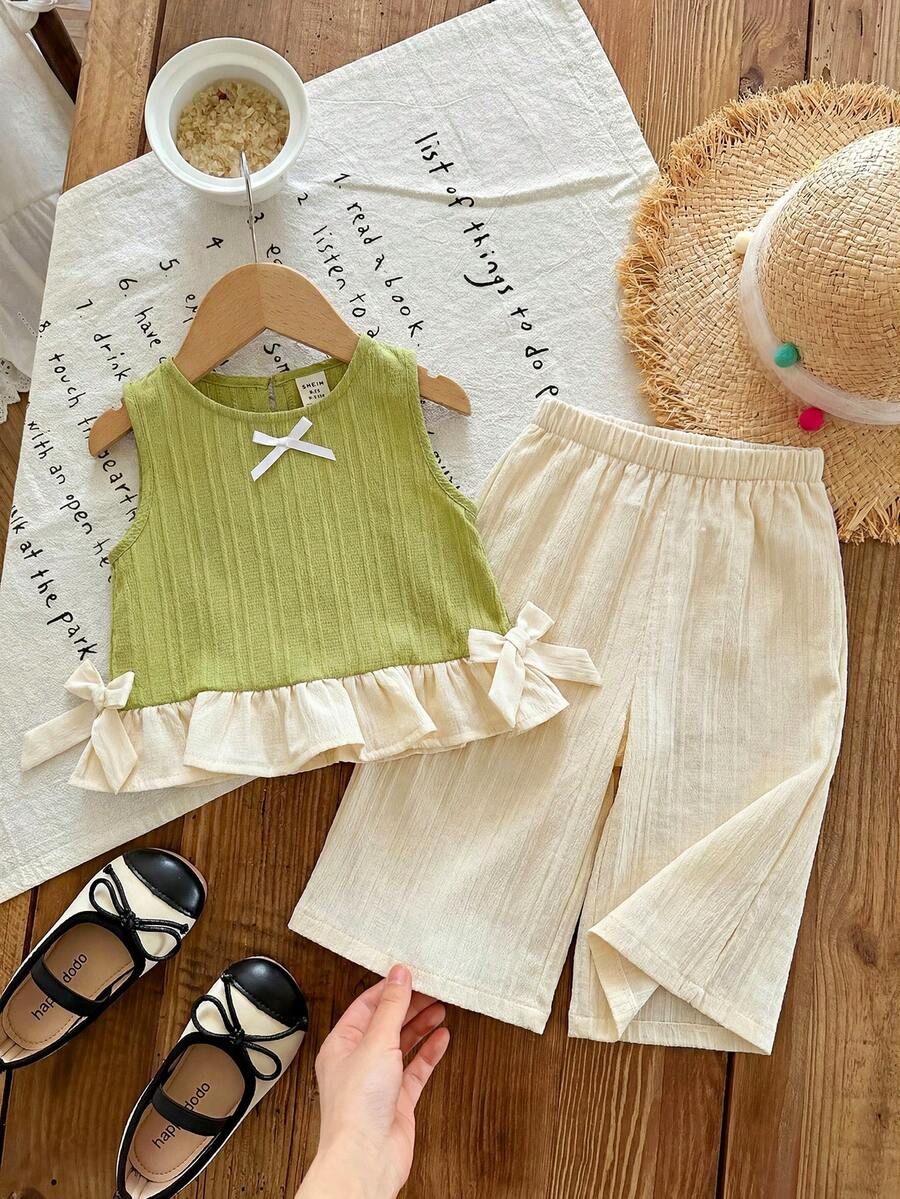 SHEIN LMoss Kids 女宝宝夏季可爱红白格子荷叶边无袖上衣和松紧腰宽松裤套装 - 彩色 - 查看 1