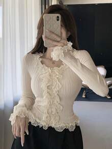 DAZY Women's Contrast Lace Button Down Cardigan,Long Sleeve Tops,Fall Women Clothes - Beige - View 1