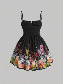 SHEIN MOD 大码女式印花吊带连衣裙，适合春夏、海滩、度假、波西米亚风格，采用束身胸衣式设计。 - 黑色 - 查看 2