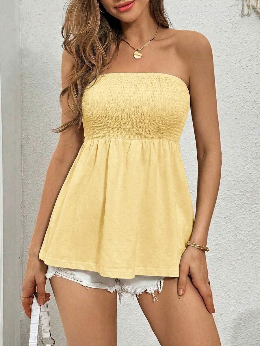 SHEIN Essnce 女士纯色休闲无肩带抹胸上衣 - 黃色 - 查看 1