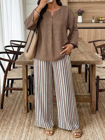 Weeklong Casual Solid Color Shirt And Striped Pants 2 Pieces Set, Plus Size