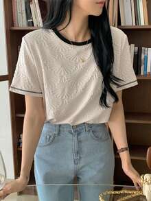 DAZY Color Block Texture Round Neck Loose Short Sleeve Women T-Shirt Summer - Apricot - View 4
