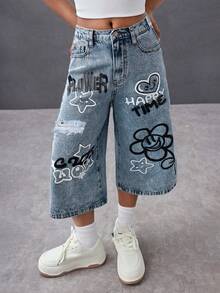 Young Girl Summer Y2k Urban Street Style Floral & Heart Graffiti Pattern Light Blue Denim Loose Wide-Leg Jeans For Kids Girls Spring/Summer Dailywear,Streetwear,Festival,Party,Beach,Birthday,Country,Girls Graduation,Casual,Summer Vacation,Graphic Jeans, 4-Years-Old,Casual,Summer Jean,Kawaii Jeans - Light Wash - View 3