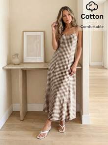 Easowa Women's Plaid Casual Commuter Strap Long Dress - Brown - View 3