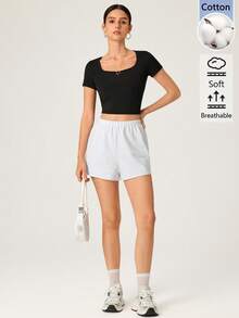 SHEIN BASICS 女款戶外運動休閒基本款寬鬆鬆緊腰短褲 夏季居家健身運動輕灰色居家運動短褲 - 灰色 - 查看 8