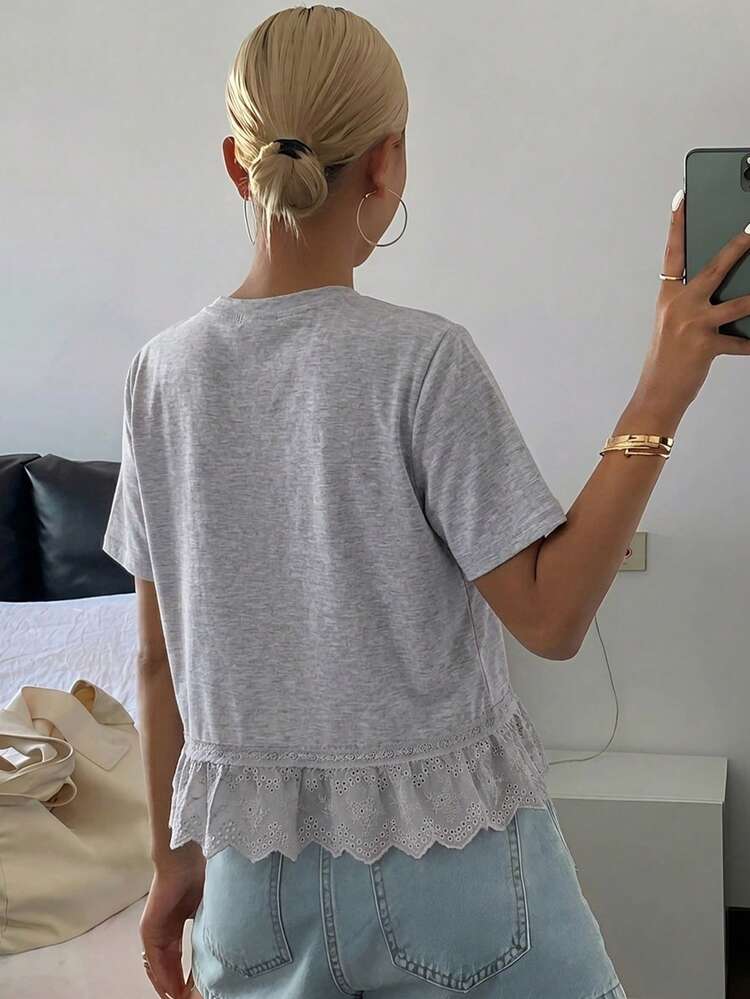 Women's Solid Color Crew Neck Short Sleeve Lace Patchwork Casual Summer Top
