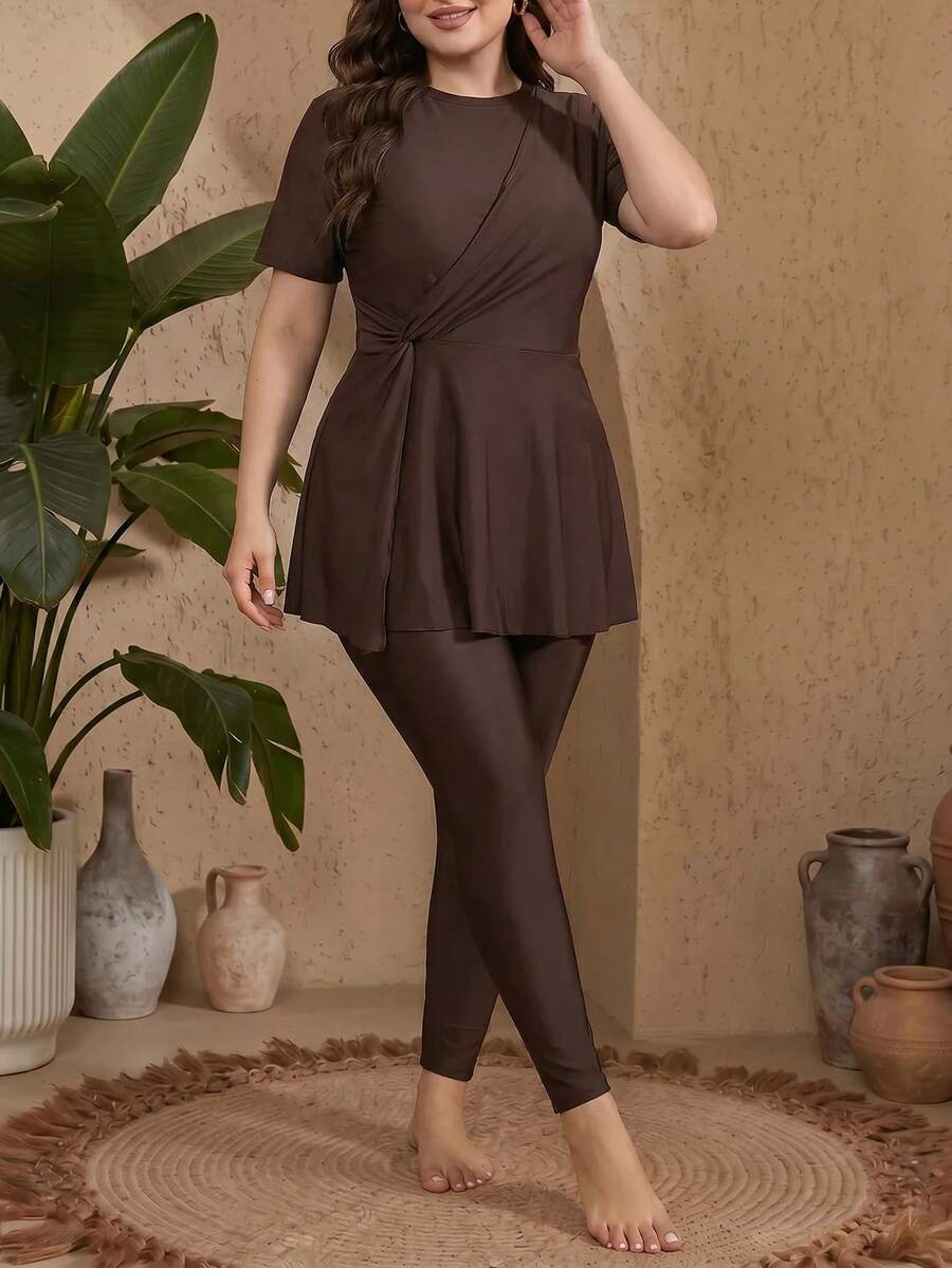 Swim Mulvari Plus Size Women Conservative Solid Color Burkini - Brown - View 1