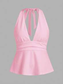 SHEIN ICON 95%纯棉深V领露背系带A字吊带背心，粉色 - 粉色 - 查看 7