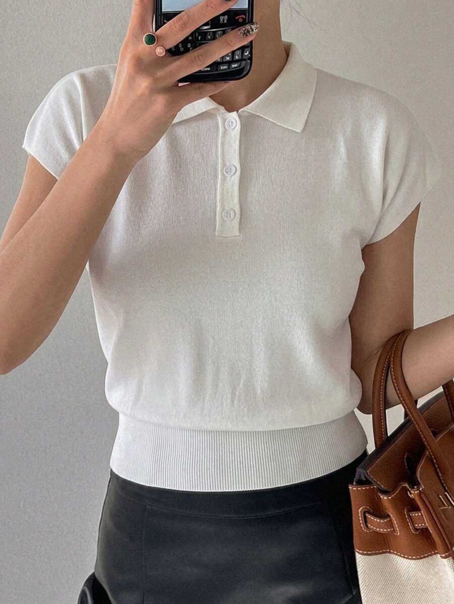 DAZY Solid Color Off-Shoulder Short Sleeve Fitted Knit Top For Women - White - View 1