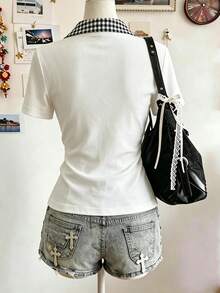 Lalippa Letter Print Fashionable Minimalist Women's Polo Collar T-Shirt, Gift For Friends - White - View 2