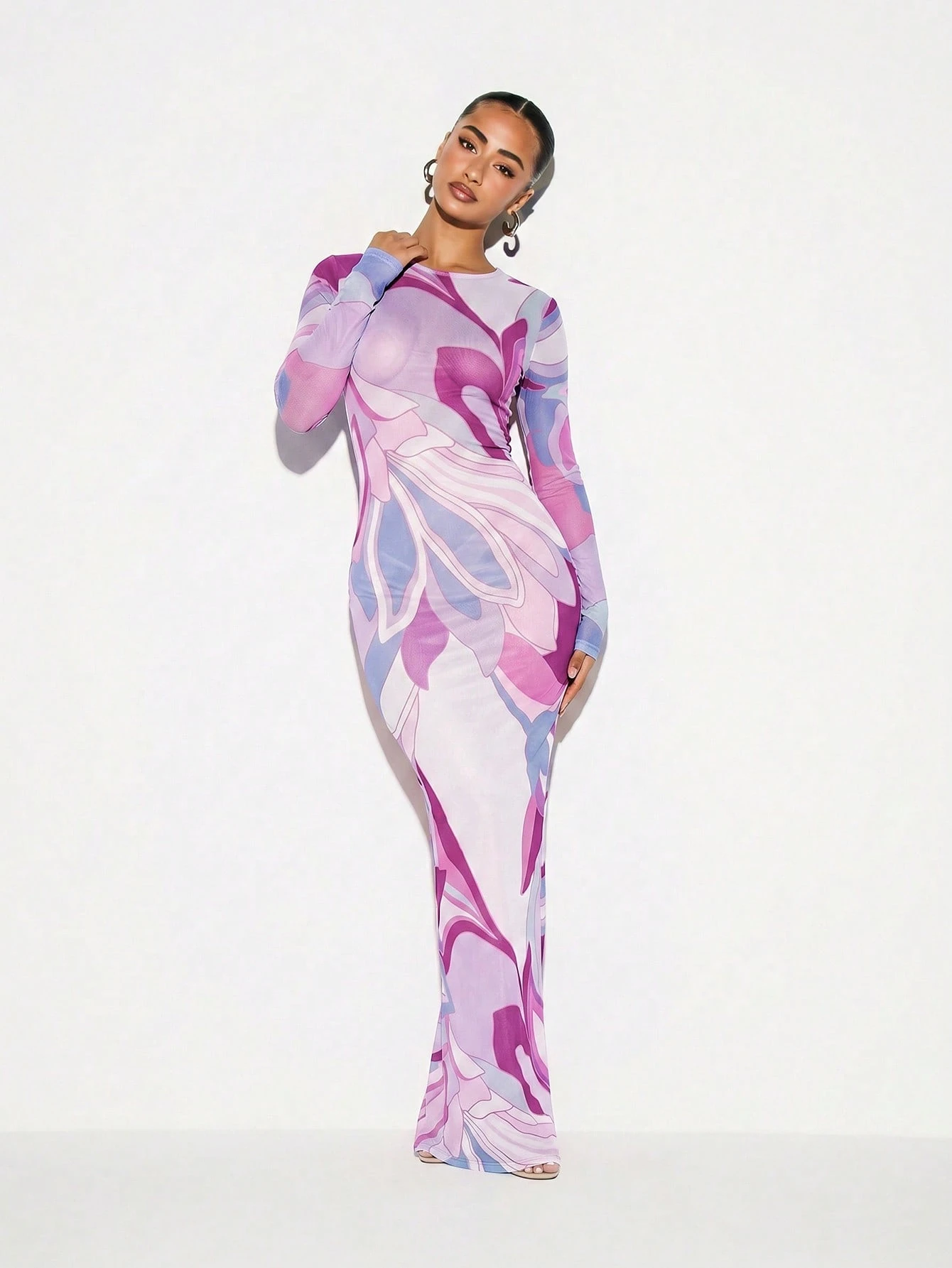 KIZN Printed Mesh Sheer Maxi Dress With Long Sleeves