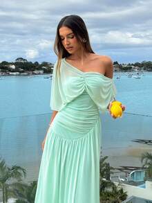 Elegante vestido de mujer verde menta de malla con fruncido, escote asimétrico sin hombros, línea A, estilo bohemio tropical, atuendo de verano para boda - Wasserblau - Ver 9