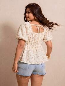 Elaquor Plus Size Women Pink Floral Front Tie Short Puff Sleeve Blouse Vacation Summer Boho - Pink - View 2