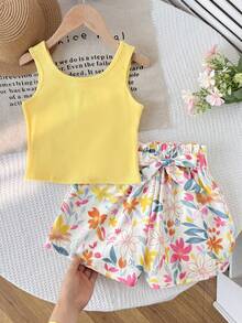 SHEIN Tween Girl Solid Yellow Tank Top With Flower Printed Paper Bag Shorts 2-Piece Set, Summer Outfit, Vacation Beach Outfit - Yellow - View 4