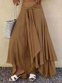 Livesso Women's Tie-Up Vacation Flared Skirt, Summer - Khaki - View 1