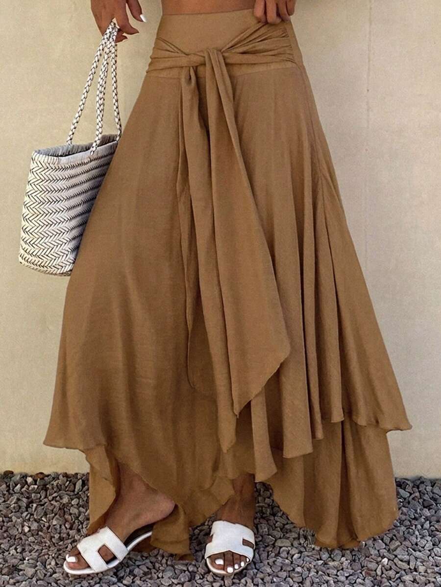 Livesso Women's Tie-Up Vacation Flared Skirt, Summer - Khaki - View 1