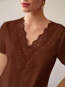 MOTF PREMIUM WOMEN'S CONTRAST LACE V-NECK T-SHIRT - Brown - View 3