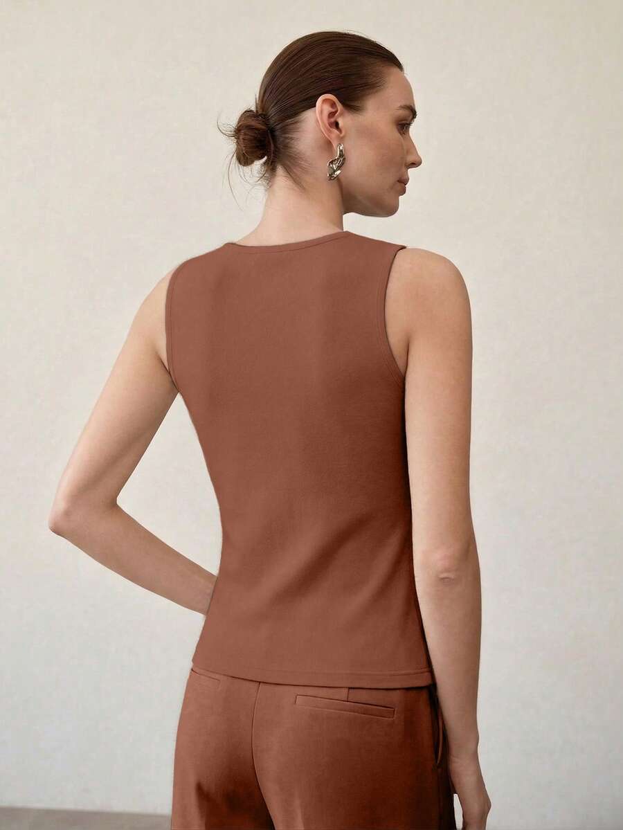MOTF PREMIUM WOMEN'S CASUAL COMMUTING MINIMALIST SOLID COLOR FITTED TANK TOP - Brown - View 2