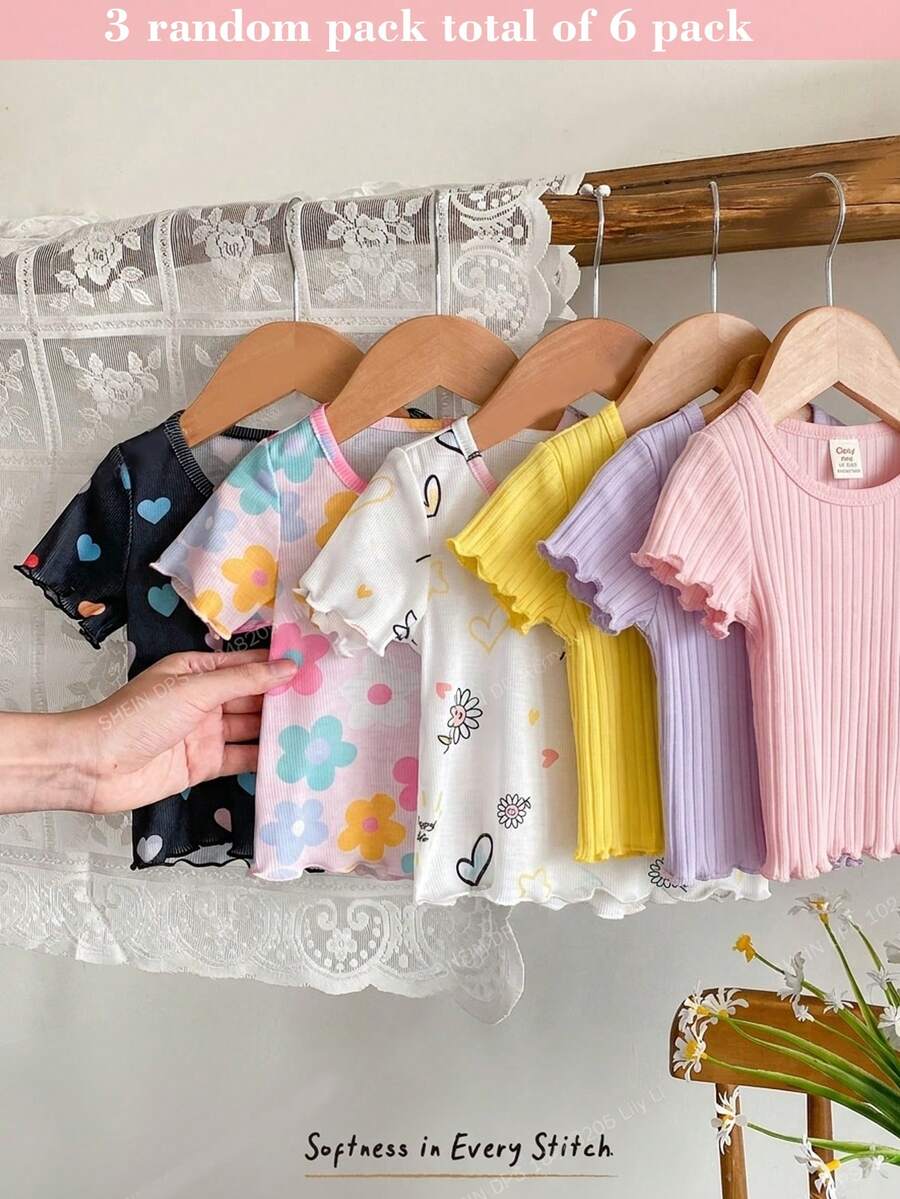 Cozy Pixies 3 chiếc/gói Áo thun dệt mềm mại cho bé gái mùa hè, trang phục thời trang thường ngày đa năng cho kỳ nghỉ hè, cắm trại, phối đồ chị em & cha mẹ-con cái, chụp ảnh - Nhiều màu - Xem 1