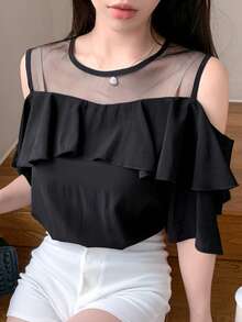 DAZY Mesh Panel Short Sleeve Round Neck Blouse With Ruffle Hem For Women Going Out Tops Summer - Black - View 4
